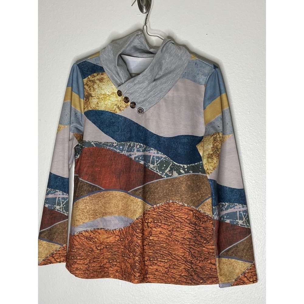 Women Small Cross Collar Button V Neck Geometry Shirt Pullover Long Sleeve Earth